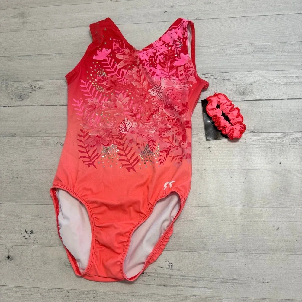 GK Flowers In The Wild Workout Leotard with scrunchie adult medium NEW